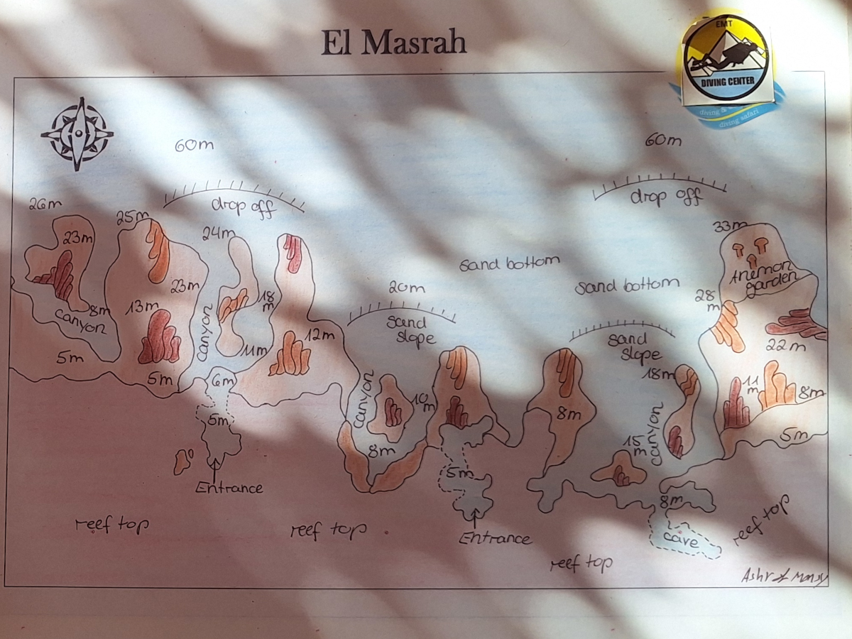 diveMap_elMasrah_h1200x900 Handskizze von Ashraf Mansy: Tauchplatzkarte von El Masrah mit Tiefenangaben, Richtungen und Highlights.