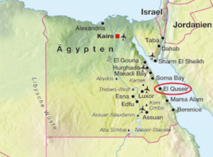 Geographische Karte von Ägypten mit allen wichtigen Städten. El Quseir zwischen Hurghada und Marsa Alam ist rot umrandet.